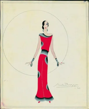 Niels Bagge, Vandfarve, kvinde i rød lang kjole, 1930