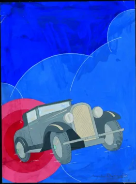 Niels Bagge, Vandfarve, bil m. rød cirkel bagved, 1930