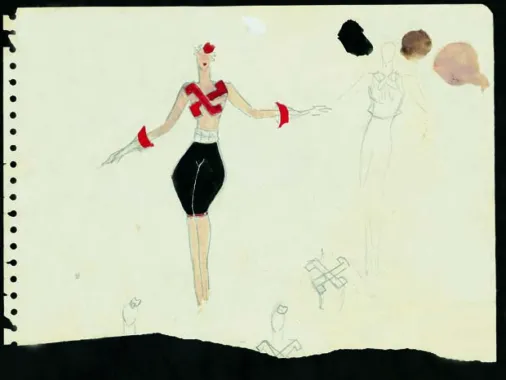 En kostumeskitse til 'Oss greker emellan' - med hagekors - akvarel, 1933
