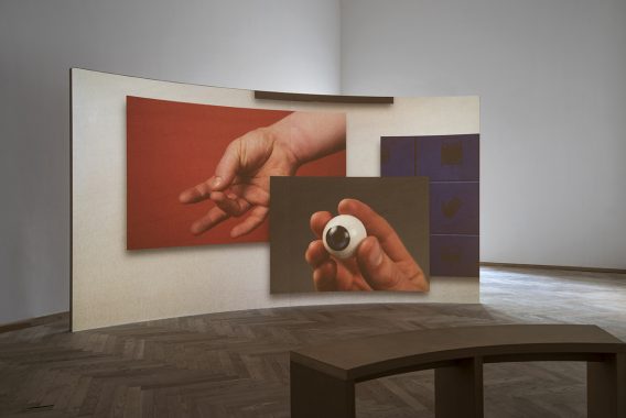 Eyes Touching Fingers Seeing, Afgang 2015 på Charlottenborg. Video 15 min projiceret på rundbue i CNC-fræset MDF og HDF-plader 2.25 x 4 m. Foto: David Stjernholm.