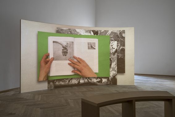 Eyes Touching Fingers Seeing, Afgang 2015 på Charlottenborg. Video 15 min projiceret på rundbue i CNC-fræset MDF og HDF-plader 2.25 x 4 m. Foto: David Stjernholm.