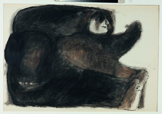 José Luis Cuevas, La Pintora I, 1959, tuschpen og lavering (akvarel og tusch) på strukturpapir på pap, 663 x 947 mm.