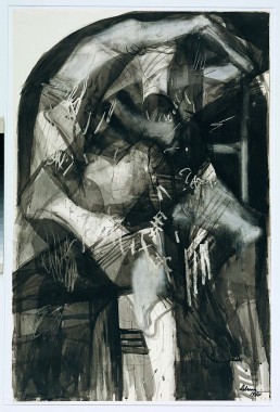 Rico Lebrun, uden titel/Job, 1960, skitse til vægmaleri 'Genesis' i Frary Hall, Pomona College, tusch og akvarel, pen og lavering og dækhvid på Fabriano-papir, 1050 x 695 mm.
