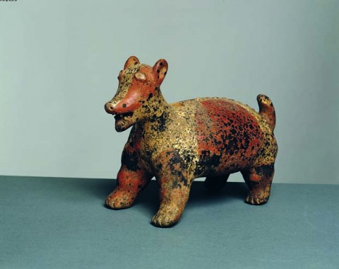 Stående hanhund med åben mund, så tænder og tunge ses, højde 20 cm, Nayarit (eller Jalisco), 300 f.Kr. -200 e.Kr.
