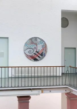 Line Lyhne, Toward a crackling mad sky, 2022, mixed tiles, aluminium frame. Foto: Bela Feldberg.