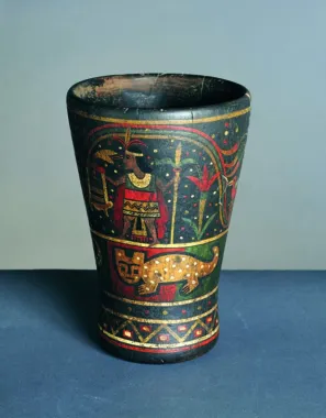 Bæger eller krus, kaldet en kero, højde 18,5 cm, påskrift under bunden: 'Inca Kero from Cuzco, Peru', efter 1532.