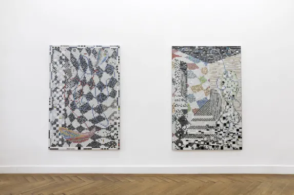 Line Lyhne, I am in front yet I am Inside : Hearing the house slip, 2021, mixed tiles, aluminium frame. Foto: Jiyoon Chung.