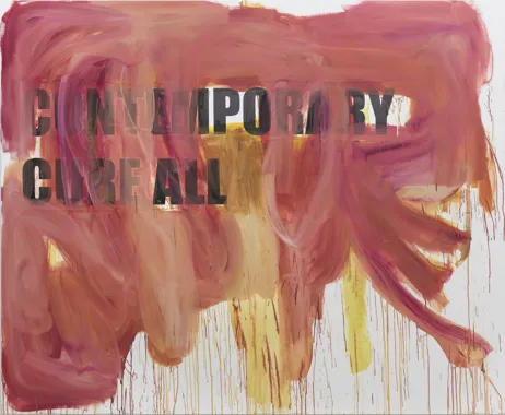 Peter Bonde, CONTEMPORARY CURE ALL, 2011. Olie, papir på lærred. 200 x 240 cm.