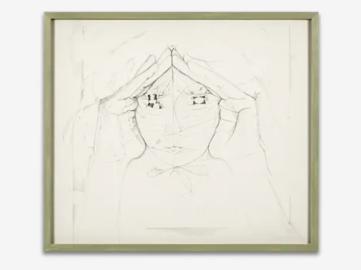 Being ; animated, 2023-2024. Papir på blyant, linoliemaling og pastel på fyrretræsramme. 66 x 76 x 3,5 cm. Foto: Malle Madsen