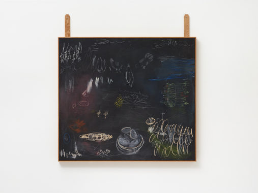 sustainable order / from life to self / a garden , a city, the universe or a forest / the red goddess or the gold colored goddess, 2018 material färg och tavel krita på mdf