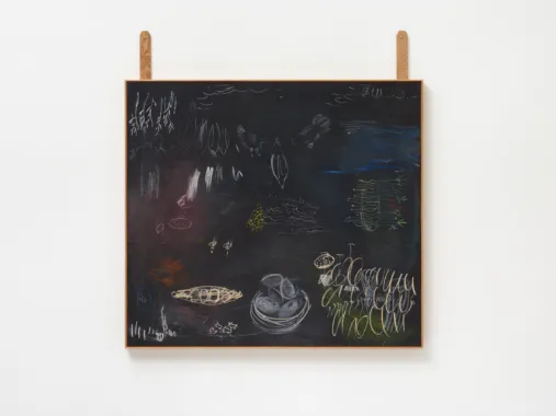 sustainable order / from life to self / a garden , a city, the universe or a forest / the red goddess or the gold colored goddess, 2018 material färg och tavel krita på mdf