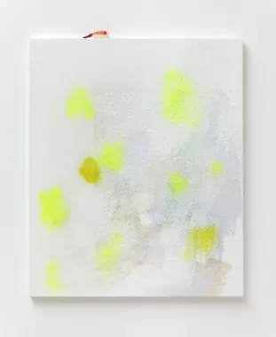 Untitled :(, 2012, 100 x 80 cm, akryl, spray og tapet på lærred, plastic nigiri, foto: Anders Sune Berg