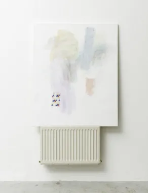 Untitled, 2012, 165x100x20 cm, akryl, fluorescerende og marmormaling på lærred, papir, radiator, foto: Anders Sune Berg