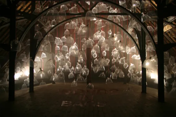 Words in Bags, Vooruit, Gent, 2006, installation, plastic bags, string, lights and sound