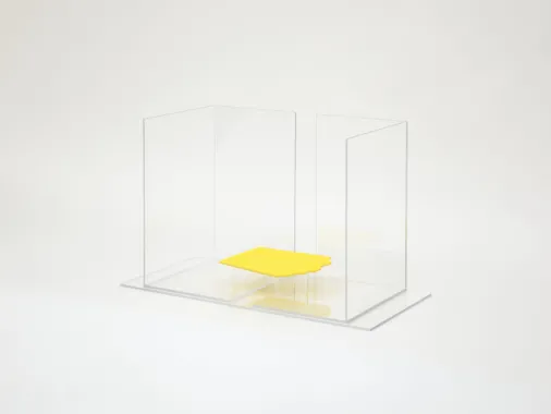 Invisible sculpture with unifying plateau, 2022. Lime color pigment, gold base, 5 and 6 mm acrylic sheets, acrylic rods, 45,6 x 62 x 34 cm. Foto: Malle Madsen