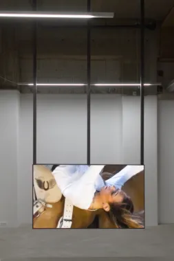 Death Drag, 2024. HD video with sound, 3 min. loop, metal construction, installation view: Inter.pblc. Foto: Freja Sofie Kirk