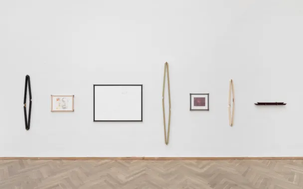 Installationsfoto. Fra venstre: Relief (grey), Potential waving at me (with flowers), The rest II (in suns), Joy and anger (green), The Heart Of My Matter; Organ Of Change, Confusion (white), Support (violet red), 2023. Håndstøbte hængsler i bronze, sandblæste messingskruer, Douglas gran, linoliemaling, blyant og akvarel på papir, fotogravure tryk. Foto: David Stjernholm