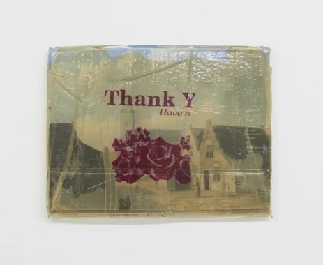 Thank Y Have a, 2018. Epoxy resin, plastic bag, found painting.