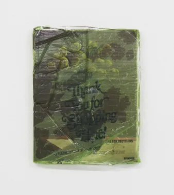 Thank You for Shopping Here! (Yellow flowers), 2018. Epoxy resin, plastic bag. found painting.