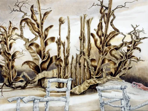 Navnet og dets Plads. 177 x 238 cm. Acryl på lærred og fotomontage. Foto: Niels Erik Høybye. Tilhører Randers Kunstmuseum