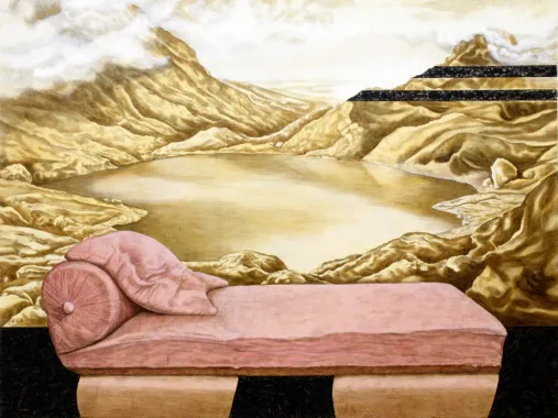 Navnet og dets Plads. 77 x 238 cm. Acryl på lærred og fotomontage. Foto: Niels Erik Høybye. Tilhører Randers Kunstmuseum