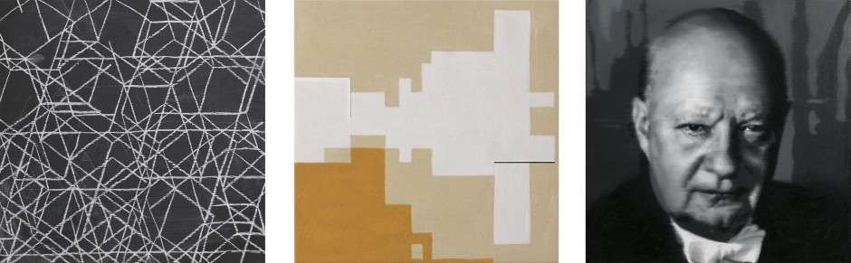 Paul Hindemith, 3 stk. 40 x 40 cm, Kridt på tavle/Mixed media på lærred/Olie på lærred, 2013, foto: Christian Skeel