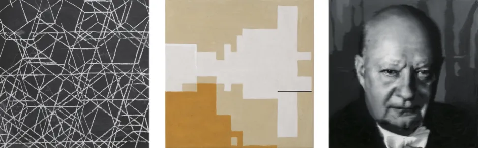 Paul Hindemith, 3 stk. 40 x 40 cm, Kridt på tavle/Mixed media på lærred/Olie på lærred, 2013, foto: Christian Skeel