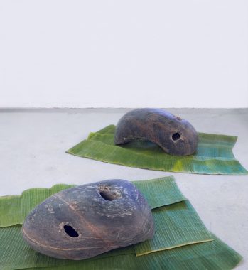 Protection against time, 2015. Granit på bananblade. Hver skulptur måler ca. 50 x 30 x 20 cm.