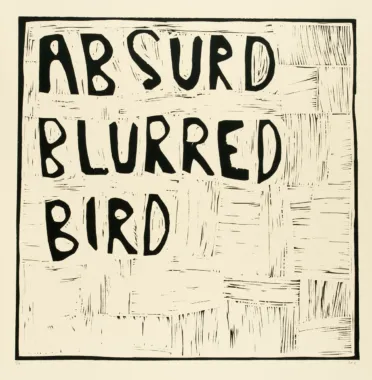 ABSURD BLURRED BIRD, ed. 10, 4 EA, 1 arkivtryk, 2012, 590 x 560 mm [505 x 510 mm], linoleumssnit, foto: Lars Bay, Museum Jorn