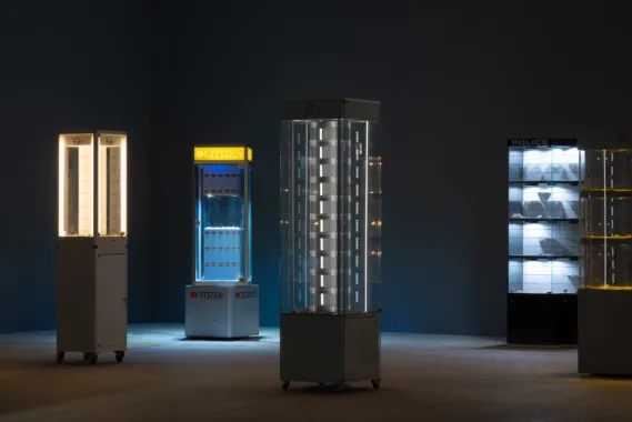 Watchtowers, 2023, Vitrines, dust. Exhibition view Kunsthal Aarhus 
