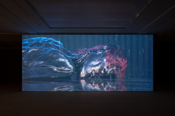Bag of Bones, 2023.  HD Video, 4x9 meters, sound, 4 min, loop. Exhibition view Kunsthal Aarhus