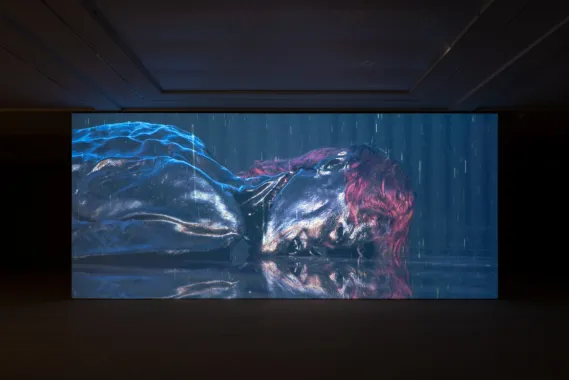 Bag of Bones, 2023.  HD Video, 4x9 meters, sound, 4 min, loop. Exhibition view Kunsthal Aarhus